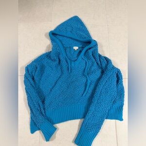 Blue Textured Cropped Hoodie